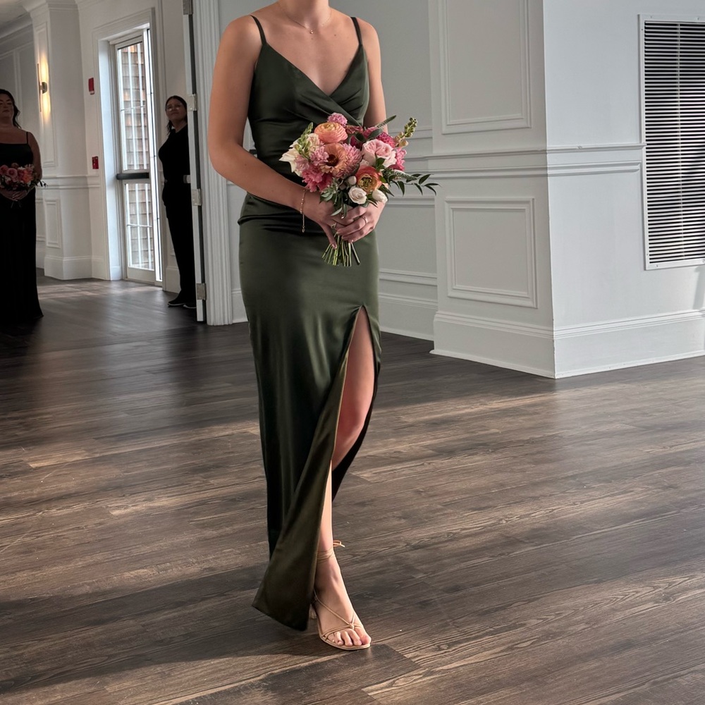 Revelry Riva Olive Green Satin Bridesmaid Dress